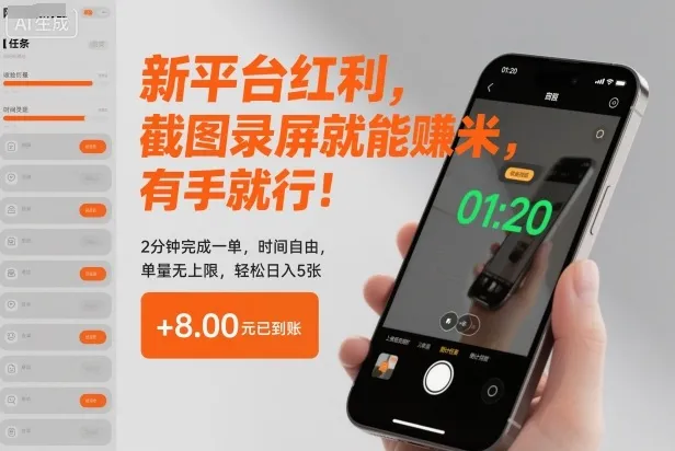 新平台红利，截图录屏就能賺米，有手就行！2分钟完成一单，时间自由，单量无上限，轻松日入5张-洛柒笔记