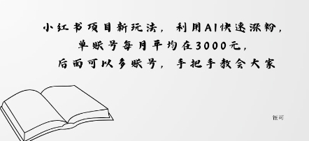 小红书项目新玩法，利用AI快速涨粉，单账号每月平均在3k，后面可以多账号，手把手教会-洛柒笔记