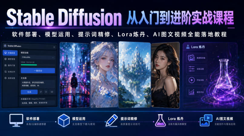 Stable Diffusion从入门到进阶实战课程｜软件部署、模型运用、提示词精修、Lora炼丹、AI图文视频全能落地教程-洛柒笔记