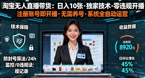 【最新】淘宝无人直播带货，日入10张，独家技术，无违规无封号，注册账号直接开播，不用养号【揭秘】-洛柒笔记