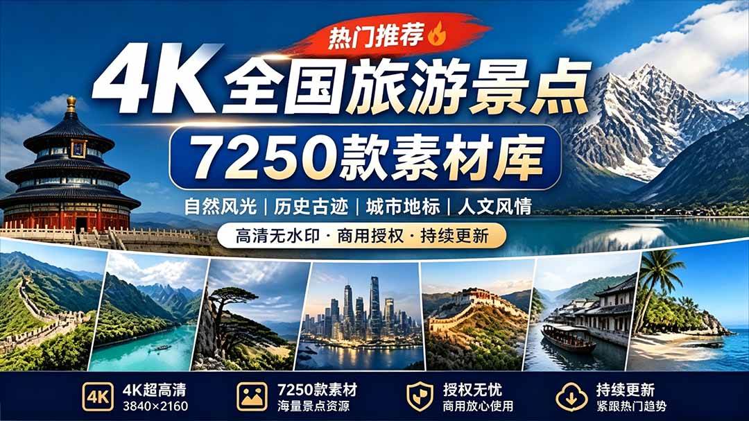 （19309期）热门全国旅游风景素材！4K全国旅游景点素材库，7250款素材，旅行达人城市航拍风景风光高清短视频-洛柒笔记