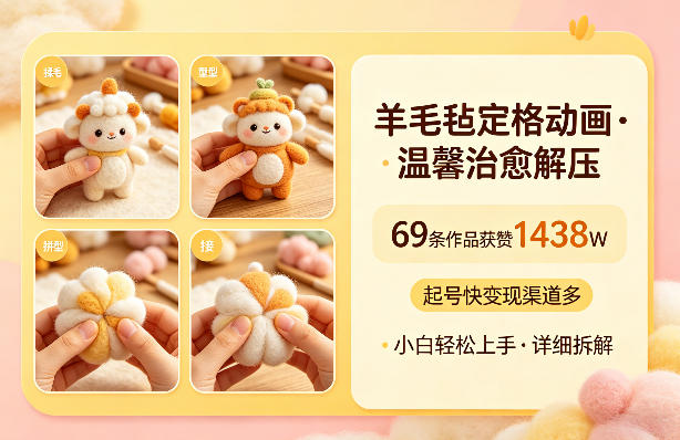 羊毛毡定格动画，温馨治愈解压，69条作品获赞1438W，起号快变现渠道多，小白轻松上手，详细拆解-洛柒笔记