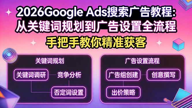（17641期）2026Google Ads搜索广告教程：从关键词规划到广告设置全流程，手把手教你精准获客-洛柒笔记