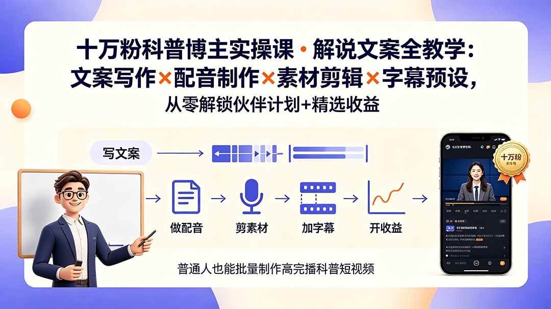 （19275期）10万粉科普博主实操课-解说文案全教学：文案写作×配音制作×素材剪辑×字幕预设，从零解锁伙伴计划+精选收益-洛柒笔记