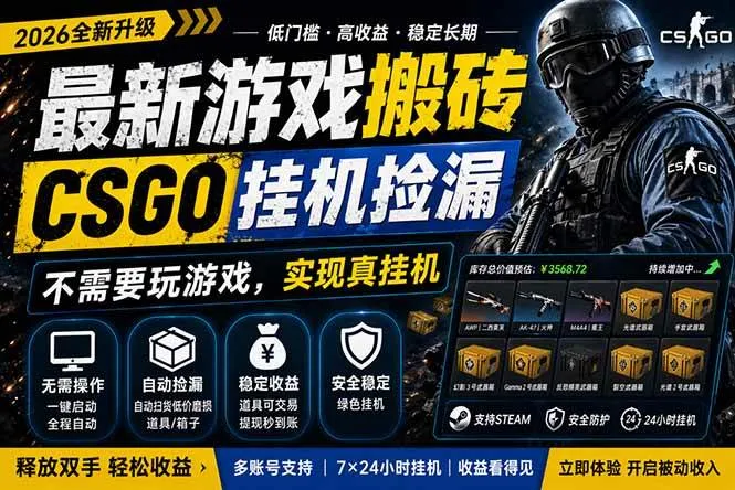 最新游戏搬砖，CSGO纯挂机，不需要玩游戏，实现真挂机，月入1W+，五一小高峰上车可吃肉-洛柒笔记
