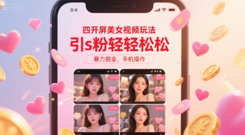 四开屏美女视频玩法，引s粉轻轻松松，暴力掘金，手机操作【揭秘】-洛柒笔记