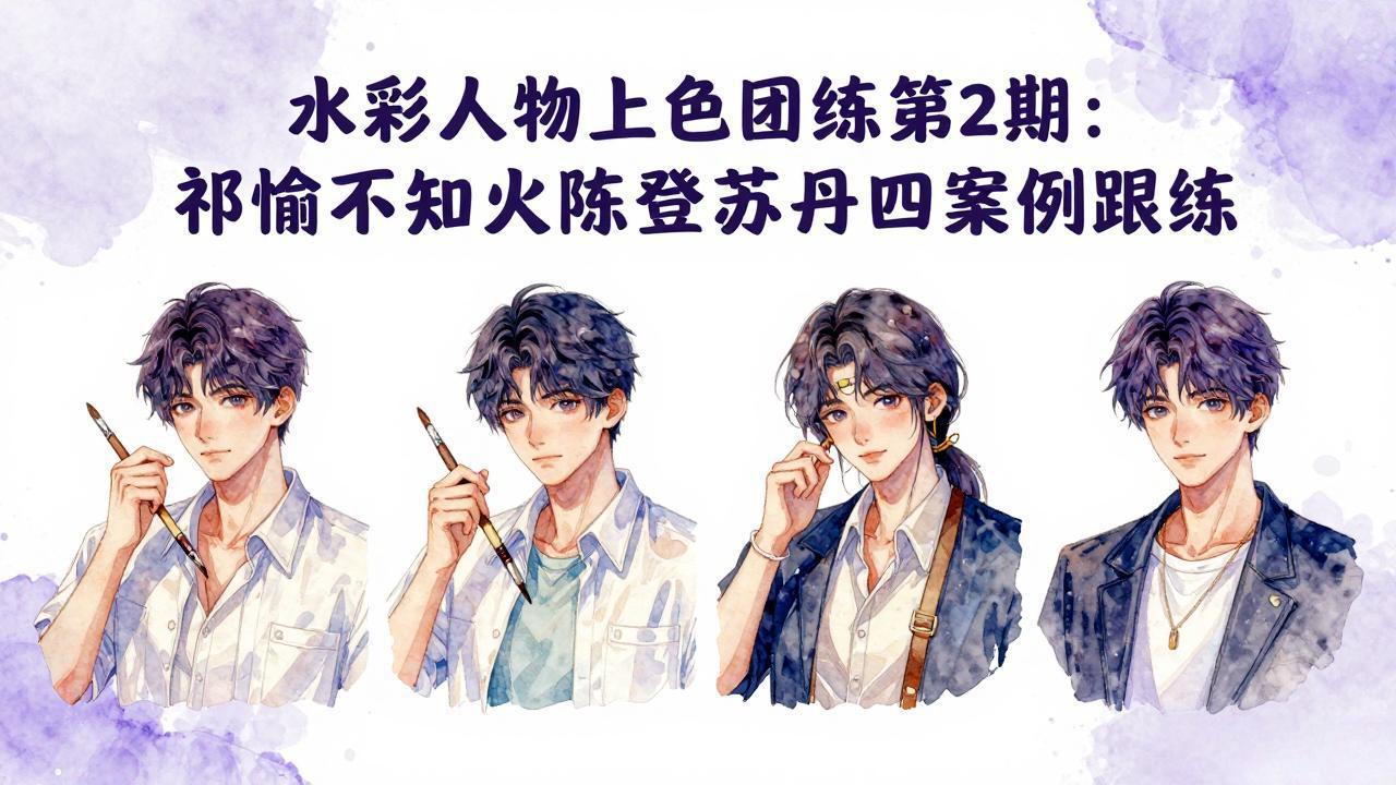 水彩人物上色团练第2期：祁煜不知火陈登苏丹四案例跟练，手把手提升绘画能力-洛柒笔记