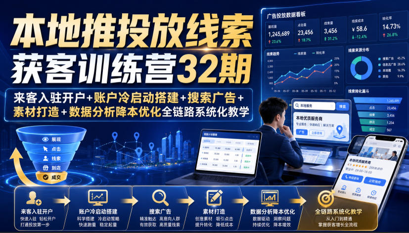 本地推投放线索获客训练营32期｜来客入驻开户+账户冷启动搭建+搜索广告+素材打造+数据分析降本优化全链路系统化教学（8月全新课程）-洛柒笔记