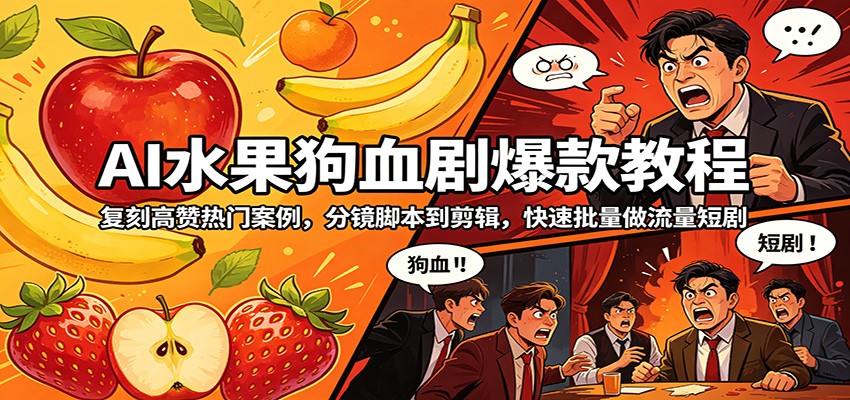 AI水果狗血剧爆款教程：复刻高赞热门案例，分镜脚本到剪辑，快速批量做流量短剧-洛柒笔记