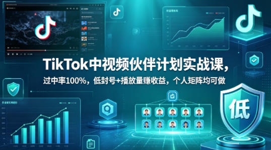 TikTok中视频伙伴计划实战课，过中率100%，低封号+播放量賺收益，个人矩阵均可做-洛柒笔记