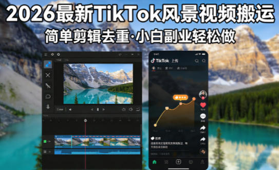 2026最新TikTok风景视频搬运简单剪辑去重，小白副业月入8k-洛柒笔记