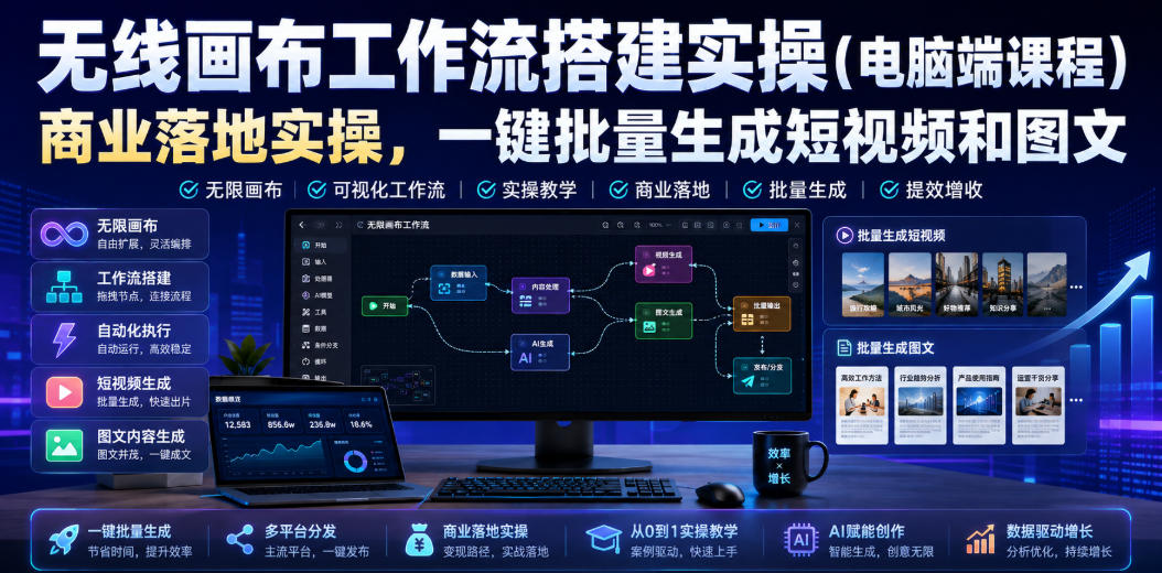 无线画布工作流搭建实操（电脑端课程），商业落地实操，一键批量生成短视频和图文-洛柒笔记