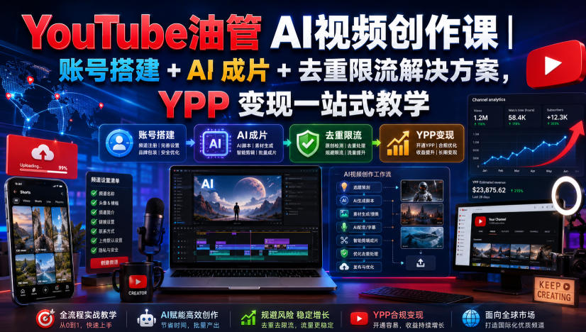 YouTube油管AI视频创作课｜账号搭建+AI成片+去重限流解决方案，YPP变现一站式教学-洛柒笔记