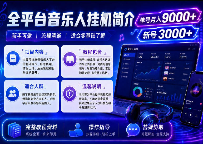 全平台音乐类挂G，单机单号月入9000+，可矩阵，可工作室放大操作【揭秘】-洛柒笔记