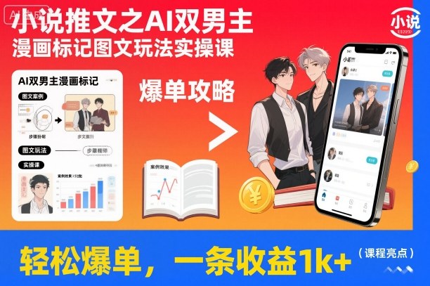 小说推文之AI双男主漫画标记图文玩法实操课，轻松爆单，一条收益1k+-洛柒笔记