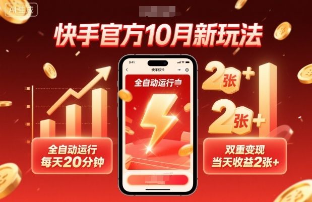 快手官方10月新玩法，全自动运行，每天20分钟，双重变现，当天收益2张+-洛柒笔记