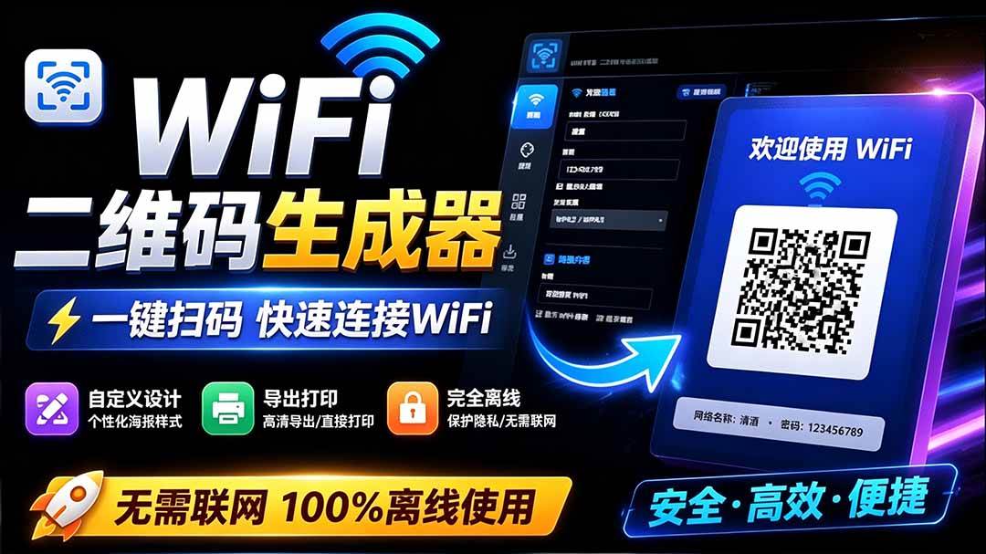 （19566期）完全离线使用！WiFi二维码生成器，一键扫码快速连接WiFi，支持自定义风格导出 WiFi二维码生成器-洛柒笔记