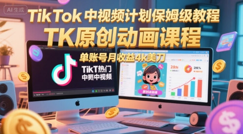 TikTok中视频计划保姆级教程，TK原创动画课程，单账号月收益4k美刀-洛柒笔记