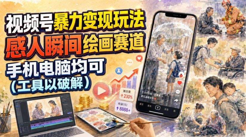 视频号暴力变现玩法，感人瞬间绘画赛道，手机电脑均可-洛柒笔记
