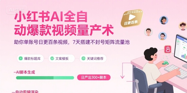 小红书AI全自动爆款视频量产术，助你单账号日更百条视频，7天搭建不封号矩阵流量池-洛柒笔记