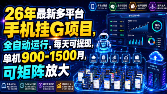 26年最新多平台手机挂G项目，全自动运行，每天可提现，单机900-1500月，可矩阵放大【揭秘】-洛柒笔记