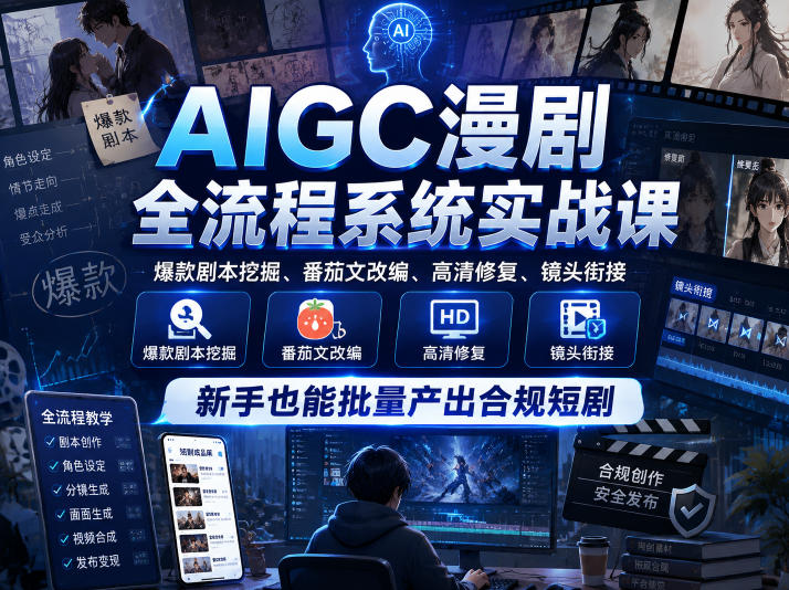 AIGC漫剧全流程系统实战课，爆款剧本挖掘、番茄文改编、高清修复、镜头衔接，新手也能批量产出合规短剧-洛柒笔记