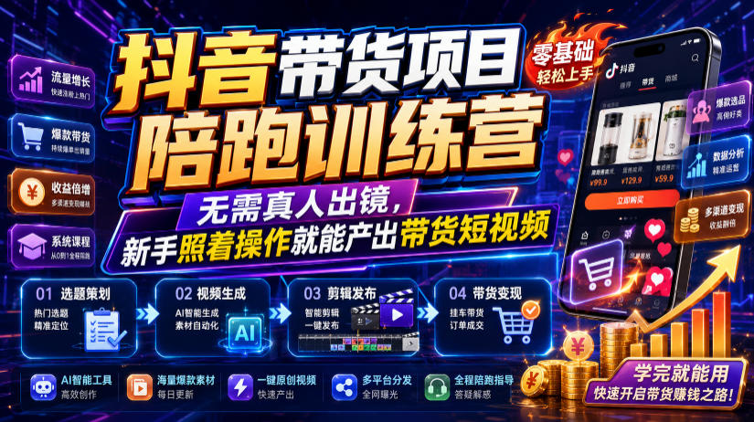抖音带货项目陪跑训练营，无需真人出镜，新手照着操作就能产出带货短视频-洛柒笔记