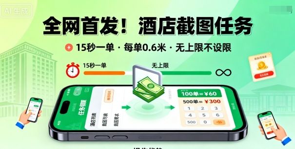 全网首发！酒店截图任务，15秒一单，每单0.6米，任务无上限不设限，矩阵操作单日3张到手-洛柒笔记