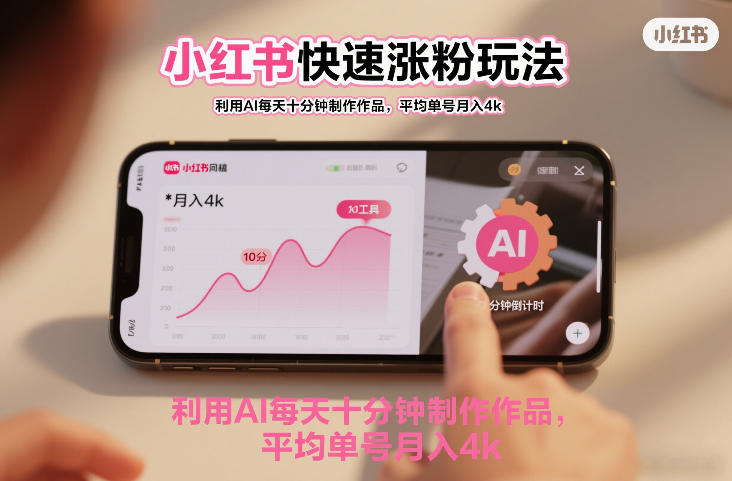 小红书快速涨粉玩法，利用AI每天十分钟制作作品，平均单号月入4k-洛柒笔记