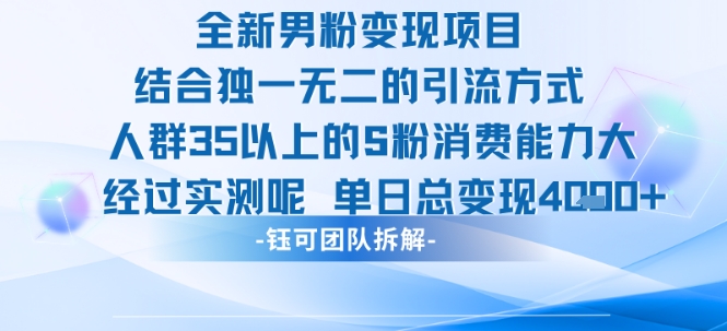 全新男粉变现项目引流人群35以上的男粉消费能力大 经过实测单日变现1k+-洛柒笔记