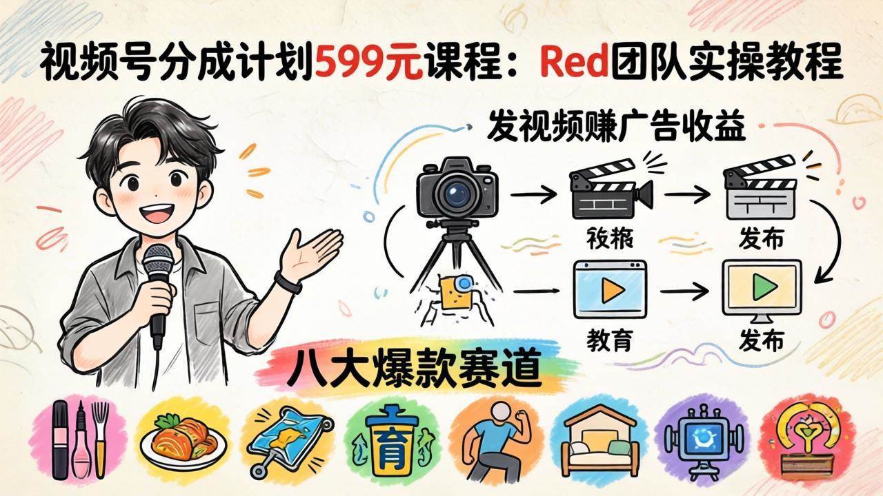 （18088期）视频号分成计划599元课程：Red团队实操教程，发视频赚广告收益，八大爆款赛道全掌握-洛柒笔记