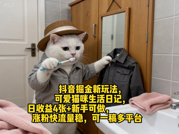 抖音掘金新玩法，可爱猫咪生活日记，日收益4张+新手可做，涨粉快流量稳，可一稿多平台-洛柒笔记