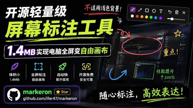 (19132期)开源轻量级屏幕标注工具,1.4MB实现电脑全屏变自由画布!支持8种标注工具和全键盘操控MarkerOn-洛柒笔记 (19132期)开源轻量级屏幕标注工具,1.4MB实现电脑全屏变自由画布!支持8种标注工具和全键盘操控MarkerOn-洛柒笔记