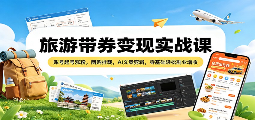 旅游带券变现实战课：账号起号涨粉，团购挂载，AI文案剪辑，零基础轻松副业增收-洛柒笔记
