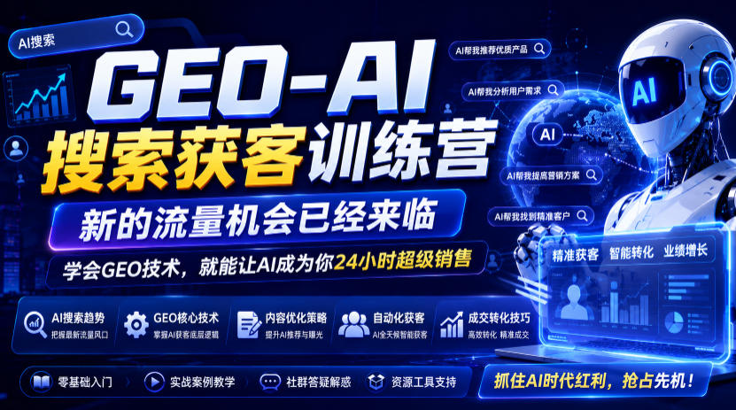 GEO-AI搜索获客训练营，新的流量机会已经来临，学会GEO技术，就能让AI成为你24小时超级销售-洛柒笔记