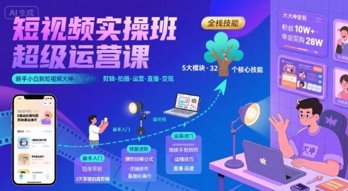 短视频实操班超级运营课，新手小白到短视频大神必修课程，剪辑-拍摄-运营-直播-变现-洛柒笔记