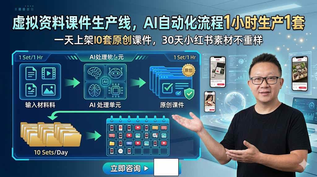 （19091期）虚拟资料课件生产线，AI自动化流程1小时生产1套，一天上架10套原创课件，30天小红书素材不重样-洛柒笔记