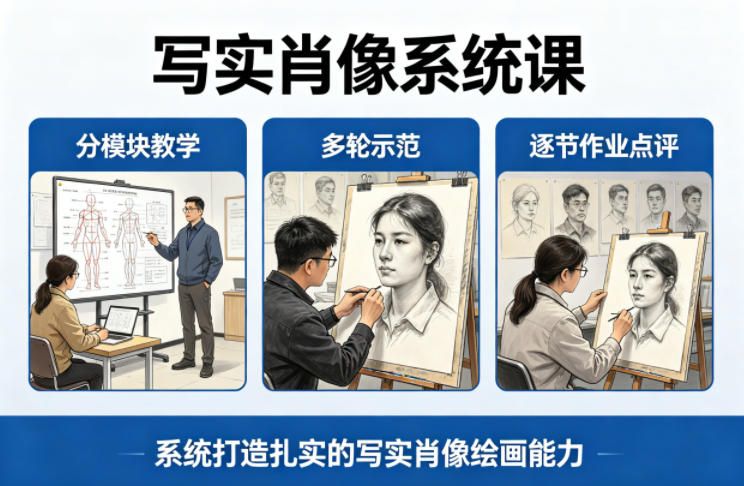 写实肖像系统课，全程分模块教学+多轮示范+逐节作业点评，系统打造扎实的写实肖像绘画能力-洛柒笔记