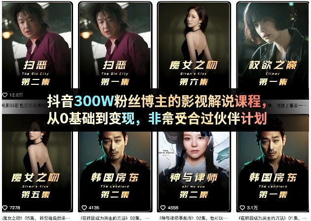 抖音300W粉丝博主的影视解说课程，从0基础到变现，非常适合过伙伴计划-洛柒笔记