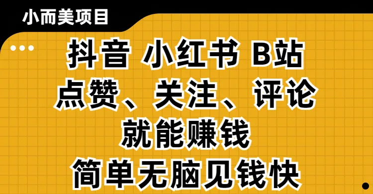 小而美的项目，抖音、小红书、B站视频点赞、关注、评论就能赚钱，简单无脑立见收益!妥妥的零撸项目-洛柒笔记