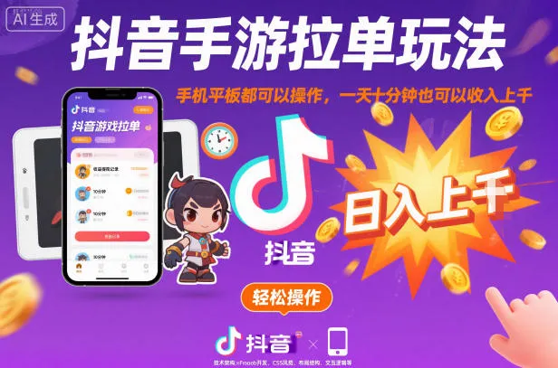 抖音手游拉单玩法，手机平板都可以操作，一天十分钟也可以收入上K-洛柒笔记