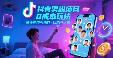 抖音男粉项目0成本玩法，一部手机即可操作，日均4张+，时间自由-洛柒笔记