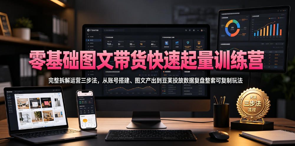 零基础图文带货快速起量训练营，完整拆解运营三步法，从账号搭建、图文产出到豆荚投放数据复盘整套可复制玩法-洛柒笔记
