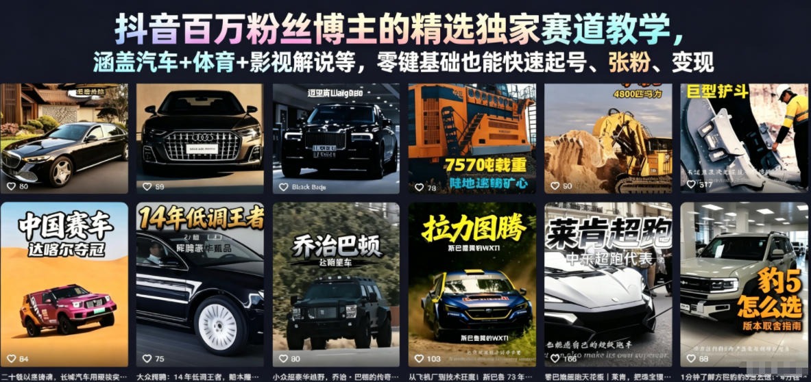 抖音百万粉丝博主的精选独家赛道教学，涵盖汽车+体育+影视解说等，零基础也能快速起号、涨粉、变现-洛柒笔记