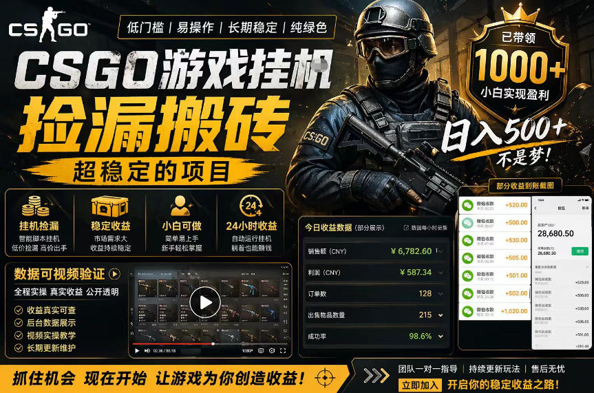 CSGO游戏搬砖，全自动挂G，不需要玩游戏，手机操作日入300+，解放双手【揭秘】-洛柒笔记