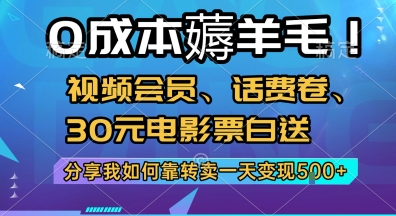 0成本薅羊毛!视频会员、话费卷、30元电影票白送，分享我如何靠转卖一天变现5张+【揭秘】-洛柒笔记